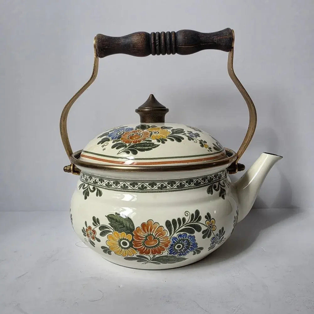 Vintage ASTA Germany Enamel Tea Kettle With Warmer Stand Floral Mid Century